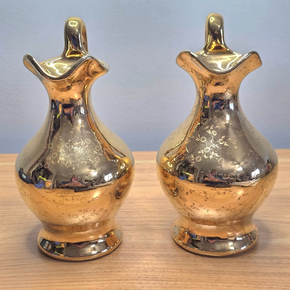 Vintage Gold Painted Ceramic Pitcher Set‎ of Two Mid Century Modern Embossed